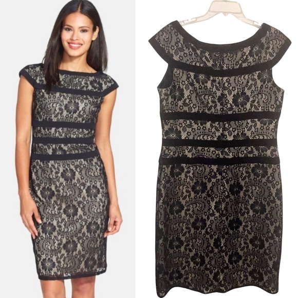Adrianna Papell Dresses & Skirts - Adrianna Papell Black Lace Cap Sleeve Sheath Evening Wedding Guest Dress Size 16